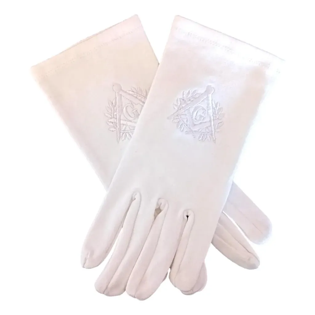 [A007XS] Gants Maçonniques Brodés Blc/Blc Equerre-Compas-G-Acacia (XS)