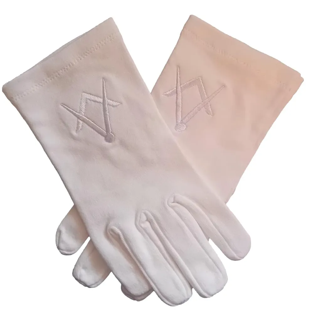 Gants Maçonniques Brodés Blc/Blc Equerre-Compas (XS)